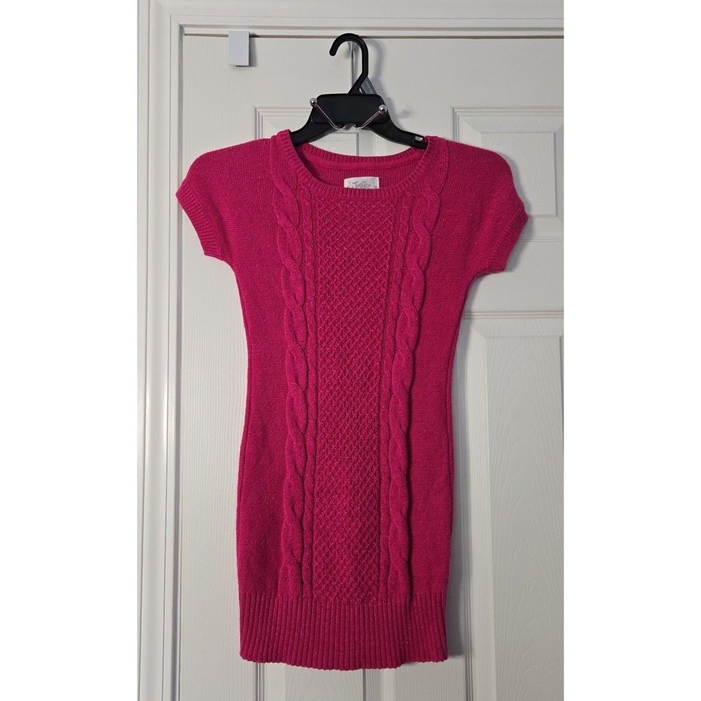 Justice Girls Cable Sweater Dress Size 12 Short Sleeve Hot Pink
